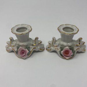 Dresden Germany Dekor Pair of Pink Rose Porcelain Candle Holders
